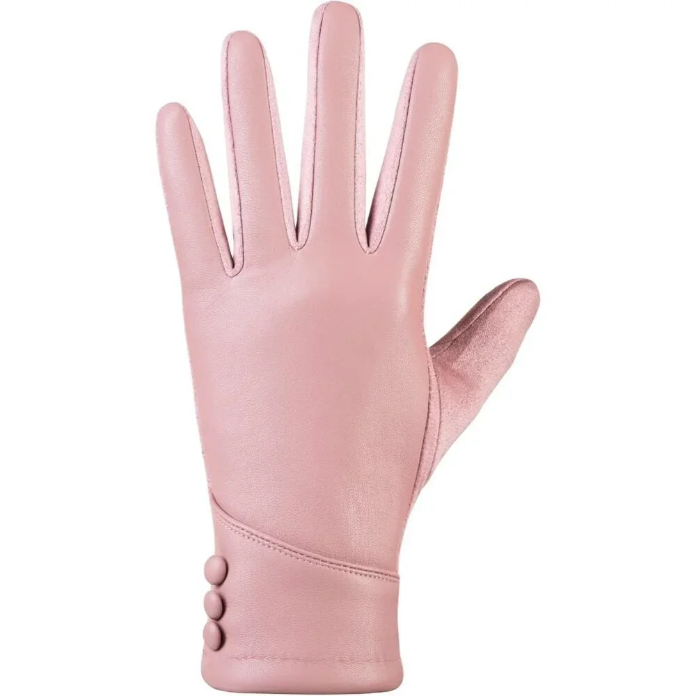 Women's Pink Winter Leather Suede Gloves Wool Lined Windproof Touchscreen